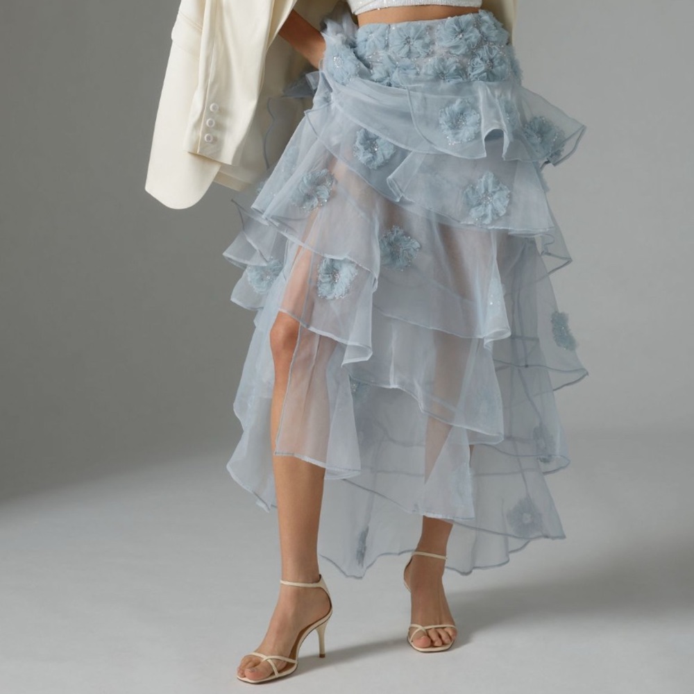 LoveShackFancy Light Blue Layered Skirt - Grover Tiered Floral Appliqué Skirt